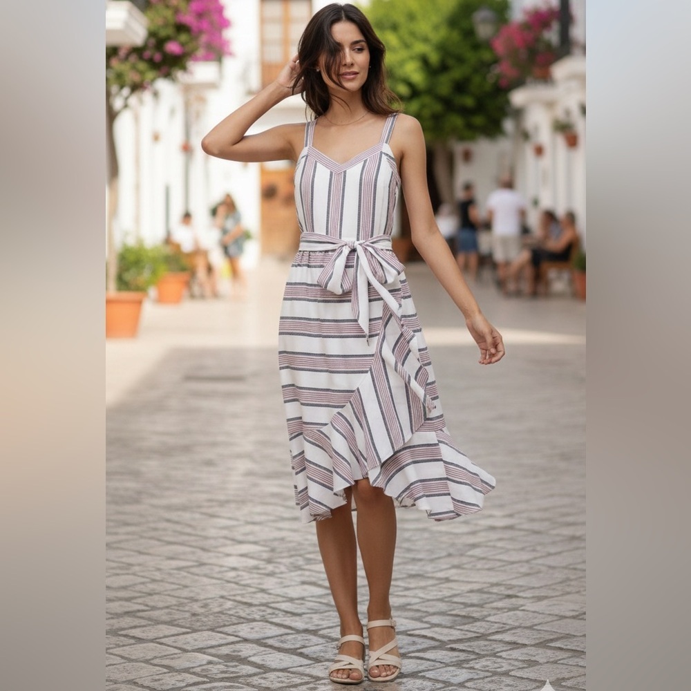 LAST CHANCE - Loft Striped Ruffle Faux Wrap Dress